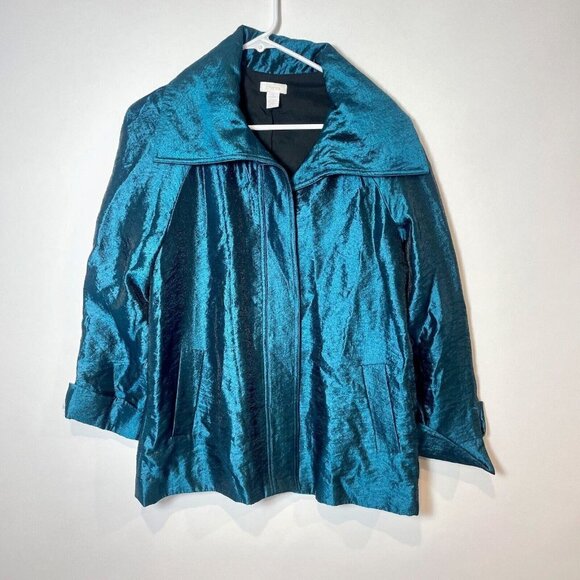 Chico's Lustrous Shine Sindy Blazer Jacket Womens M Teal Blue Button Up Collared - Picture 1 of 9
